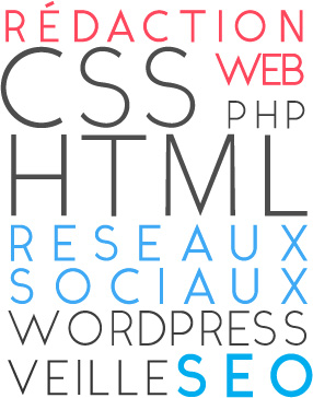 nuages de mots-clés de mes compétences web : wordpress, css, html, réseaux sociaux, rédaction web, veille, SEO
